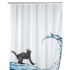 Wenko Anti-Mould 71 In. H Blue/White Cat Shower Curtain W/Hooks Polyester