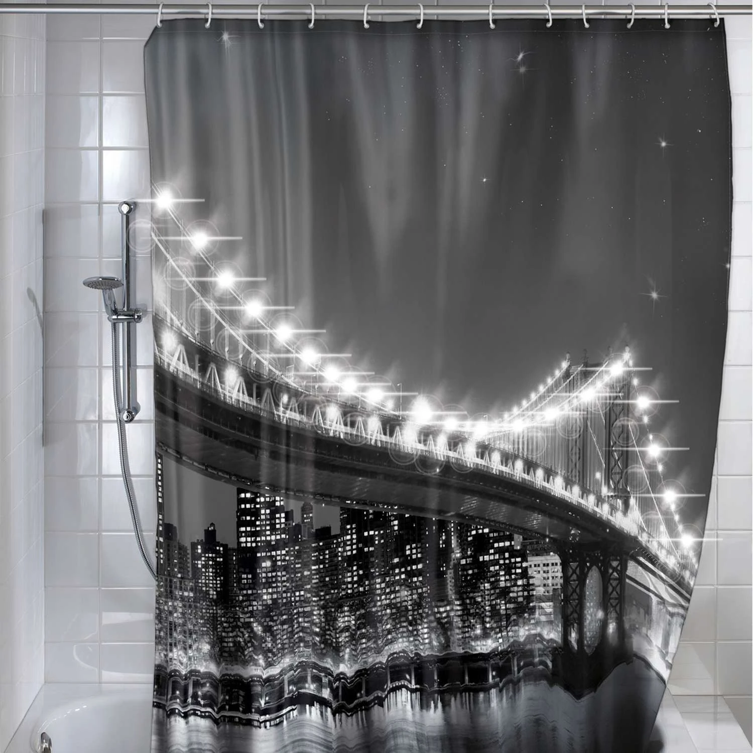 Wenko BrooklynBridge 71 In. H Black/white Shower Curtain W/Hooks Polyester 4 Wenko BrooklynBridge 71 In. H Black/white Shower Curtain W/Hooks Polyester - Image 2