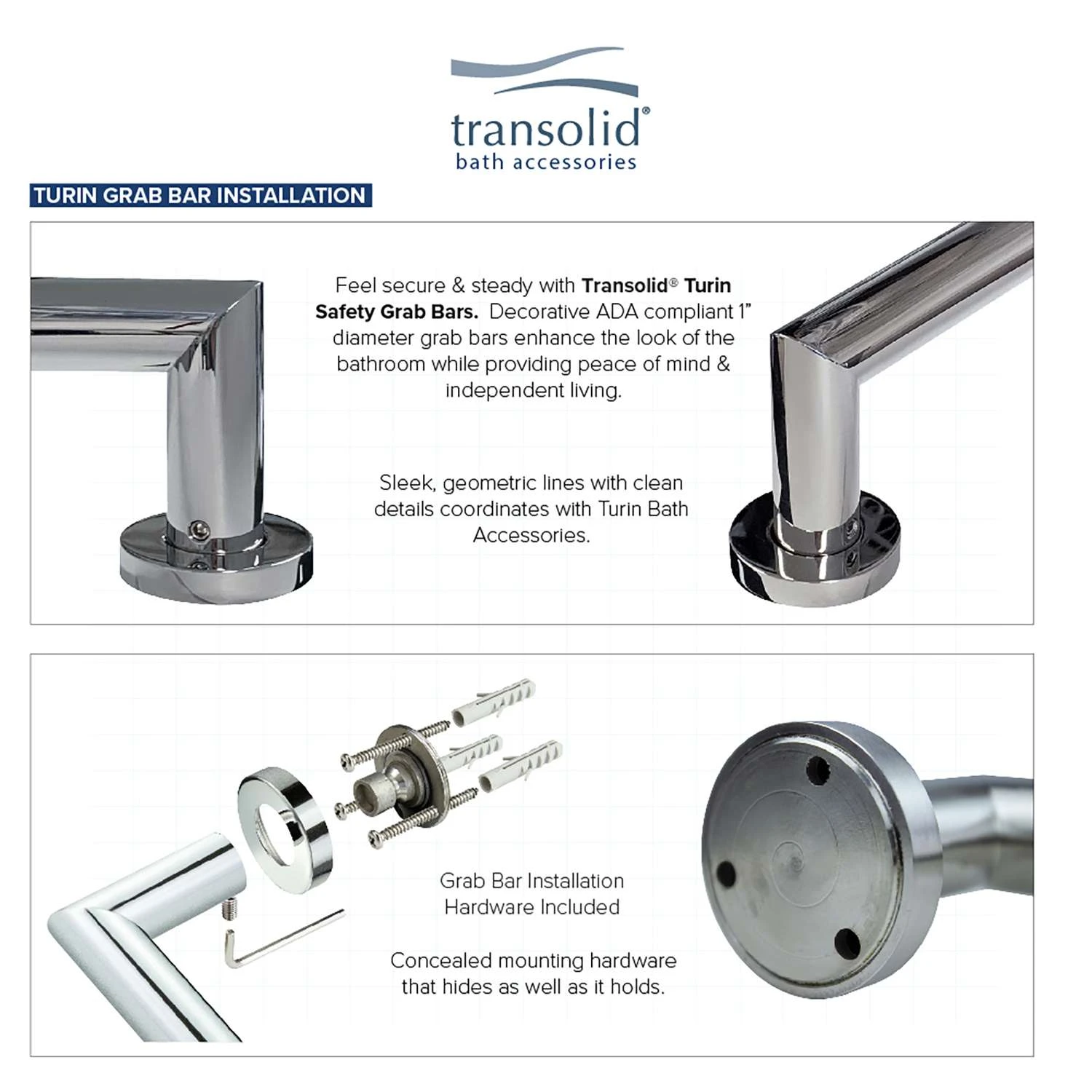 Transolid Turin 32 In. L ADA Compliant Polished Chrome Stainless Steel Grab Bar 7 Transolid Turin 32 In. L ADA Compliant Polished Chrome Stainless Steel Grab Bar - Image 5