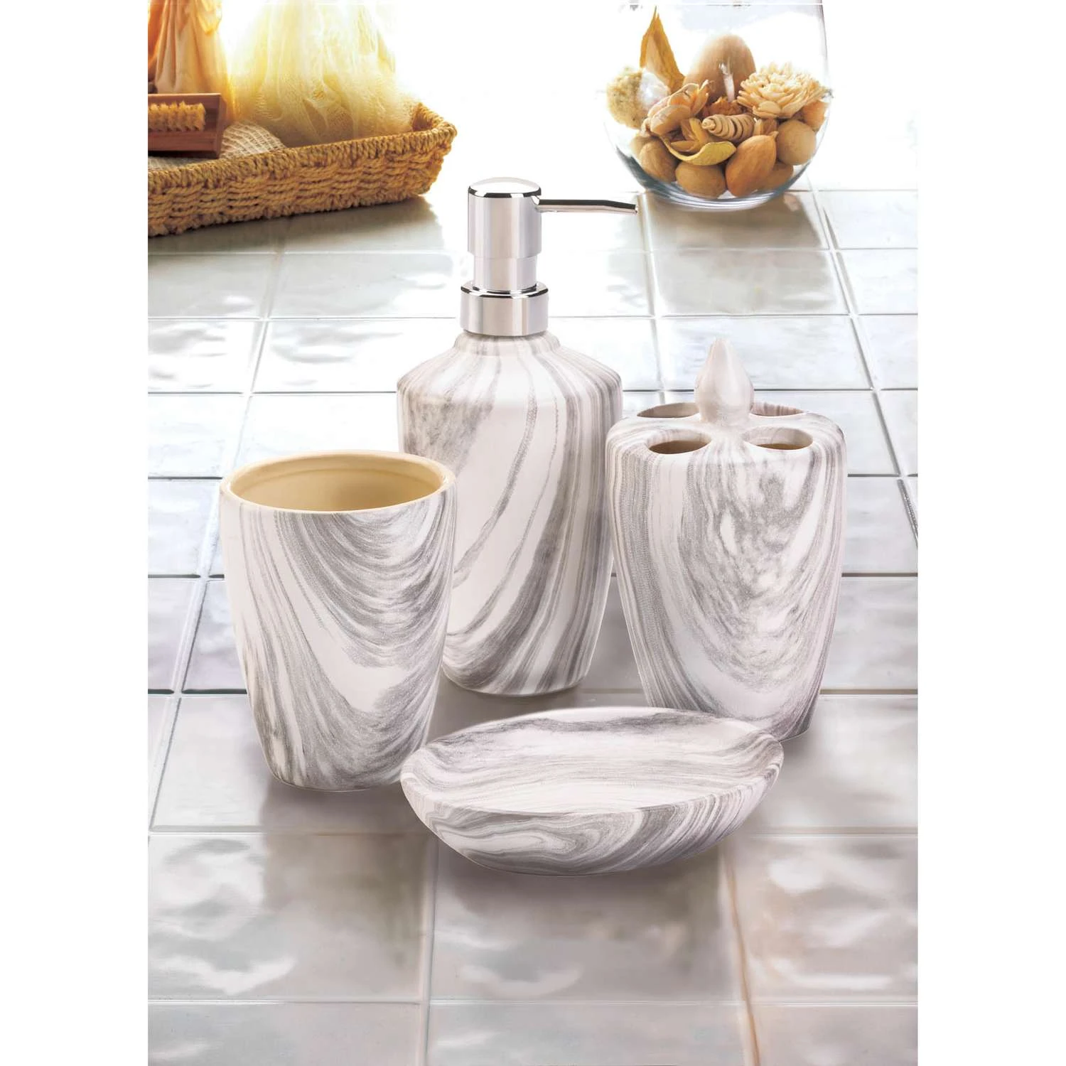 Accent Plus Faux Marble Porcelain Bath Accessory Set 4 Accent Plus Faux Marble Porcelain Bath Accessory Set - Image 2