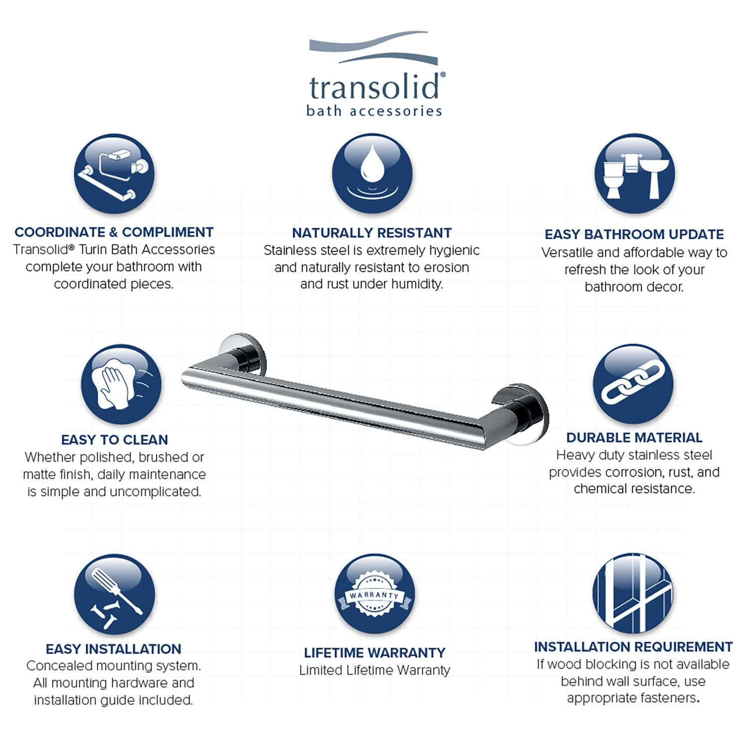 Transolid Turin 32 In. L ADA Compliant Polished Chrome Stainless Steel Grab Bar 6 Transolid Turin 32 In. L ADA Compliant Polished Chrome Stainless Steel Grab Bar - Image 4